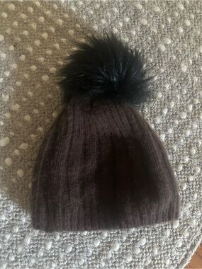Auxiliary Cashmere Brown Knit Pom Beanie with Black Fur Pom